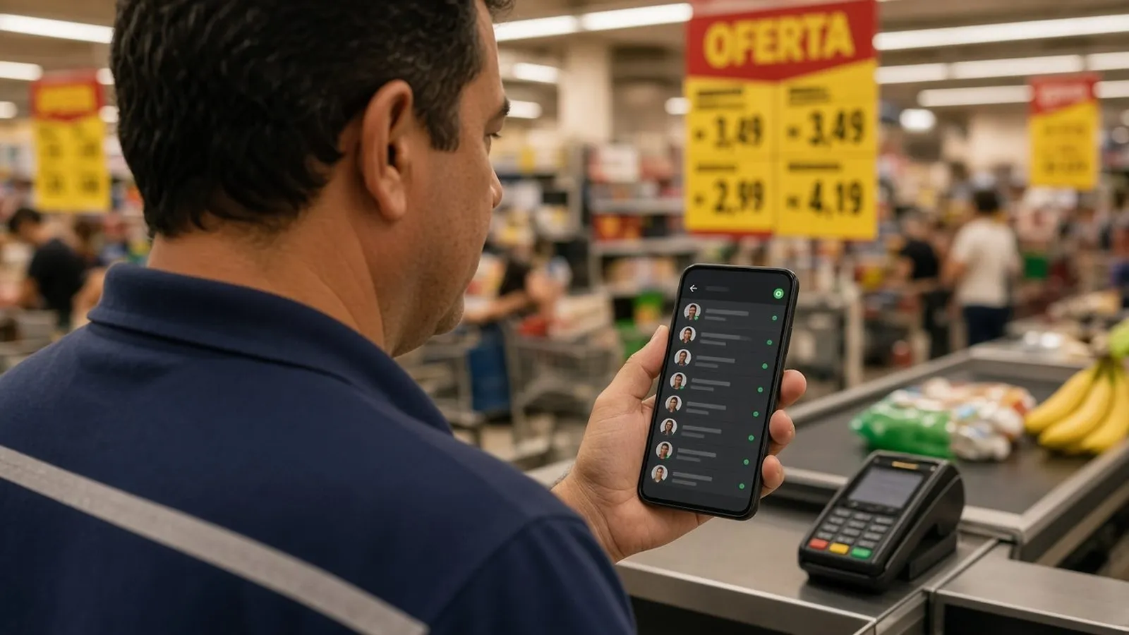Gerente de supermercado com uniforme no caixa olhando uma lista de contatos no celular, com placas de oferta ao fundo